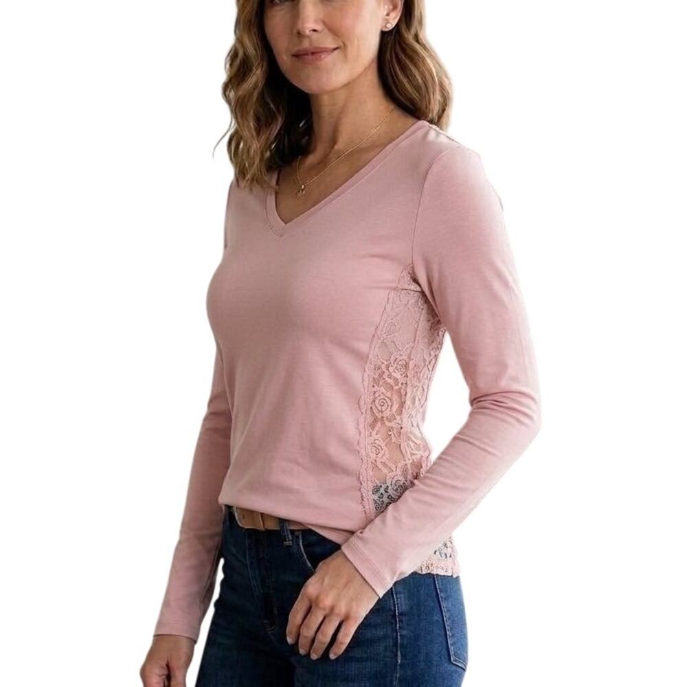 NEW PJ SALVAGE Lace Panel Cotton Modal Long Sleeve Powder Pink Tee SZ S